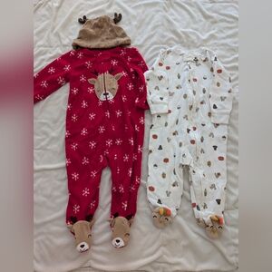 Bundle Of Carter's Red Reindeer and White Thanksgiving/Autumn Print Footies, 6M